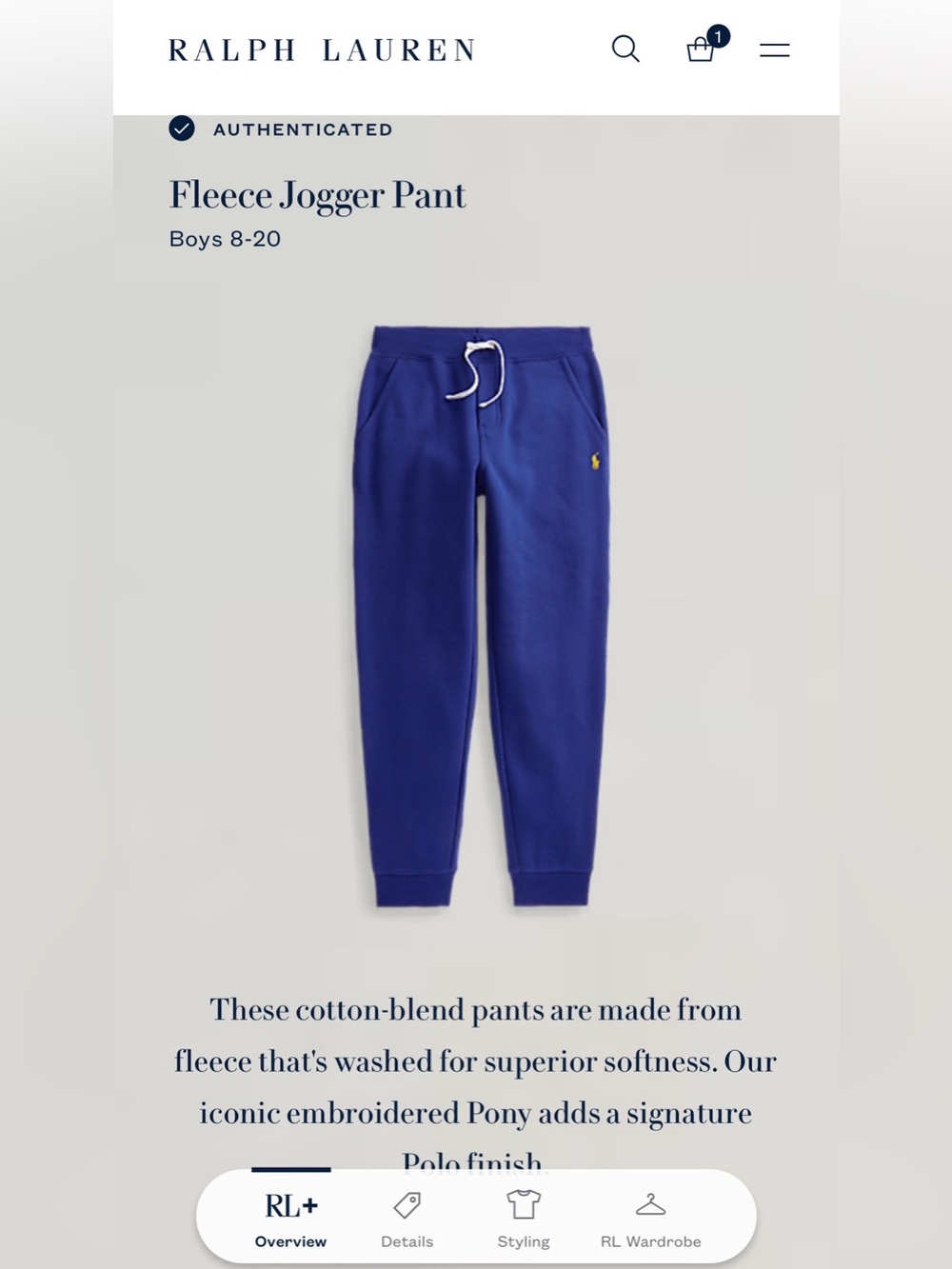 NWOT Polo Ralph Lauren Boys Fleece Joggers Blue L 14-16 $59.50